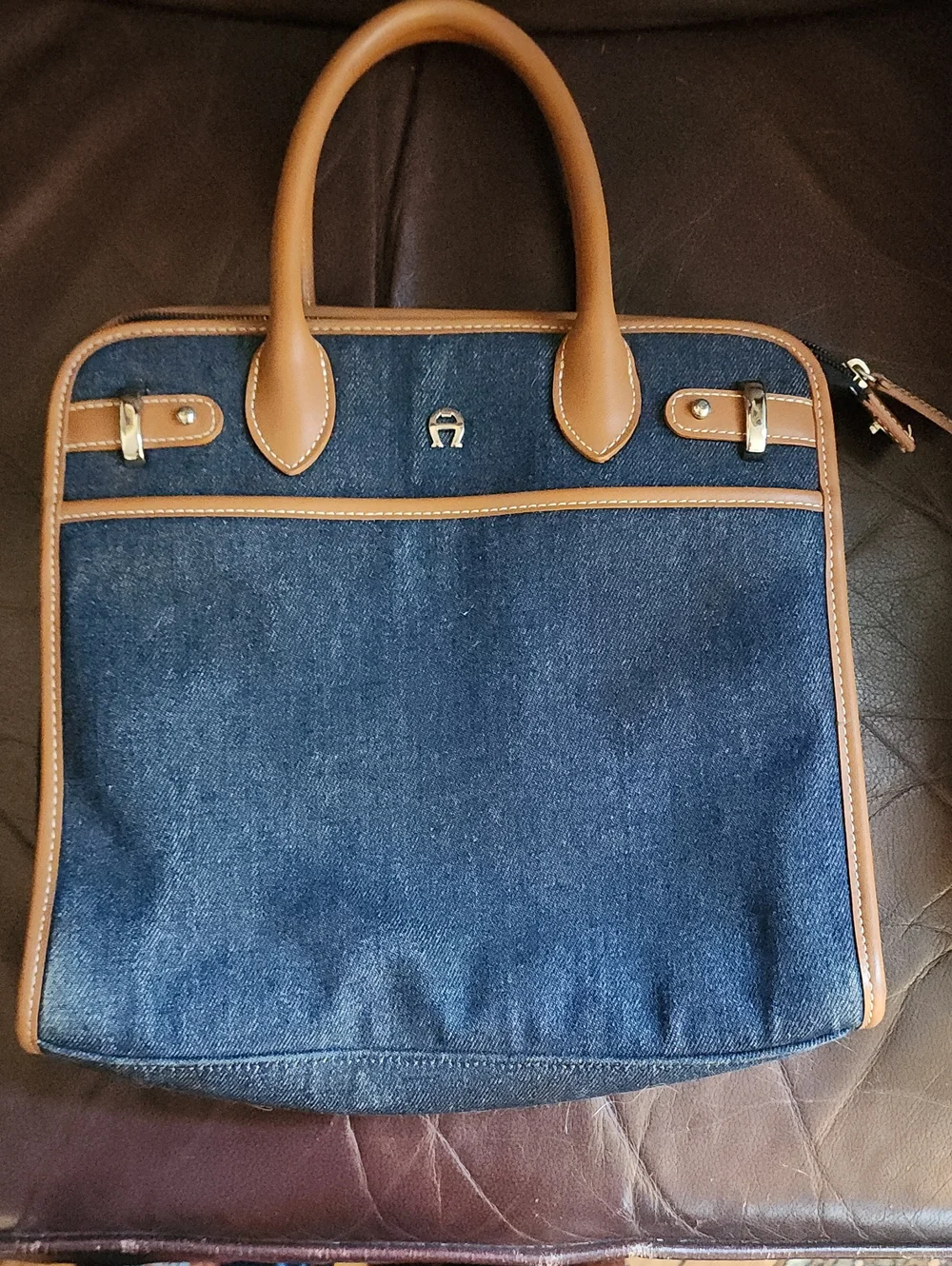 Etienne Aigner Denim & Tan Leather Tote Handbag